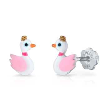 PENDIENTES LAPETRA PLATA DE LEY 925 CISNE ESMALTE ROSA Y BLANCO 9X6 MILÍMETROS CIERRE ROSCA