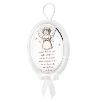 MEDALLÓN PLATA BILAMINADA 8.5X12 CENTÍMETROS MUSICAL BLANCO FRASE ÁNGEL DE LA GUARDA