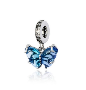 ABALORIO CHARM MARIPOSA PLATA DE LEY 925 COLGANTE PIEDRA TRANSPARENTE AZUL CIRCONITAS BLANCAS