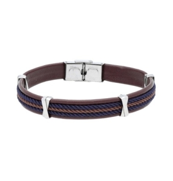 PULSERA LISKA HOMBRE PIEL EN COLOR MARRÓN Y AZUL CON 4 MOTIVOS EN ACERO EN FORMA DE X LARGO 21 CENTÍMETROS