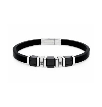 PULSERA LISKA HOMBRE CAUCHO Y ACERO IP NEGRO TRIPLE ESLABÓN NEGRO Y DOS EN COLOR ACERO CON CIRCONITA NEGRA LARGO PULSERA 21 CENT