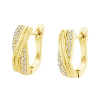 PENDIENTES LOTUS MUJER PLATA DE LEY 925 IP DORADO ARO SEMIABIERTO FRANJAS CRUZADAS CON CIRCONITAS BLANCAS 17X7 MILÍMETROS CIERRE