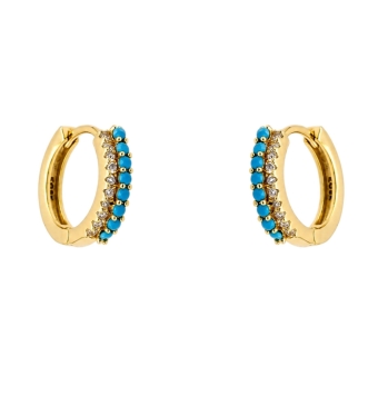 PENDIENTES ARO MUJER PLATA DE LEY 925 CHAPADO DORADO 3X14 MILÍMETROS DOBLE FILA CIRCONITAS BLANCAS Y PIEDRAS COLOR TURQUESA CIER