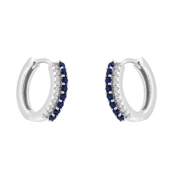 PENDIENTES ARO MUJER PLATA DE LEY 925 RODIO 3X14 MILÍMETROS DOBLE FILA CIRCONITAS BLANCAS Y CIRCONITAS AZUL MARINO CIERRE HUGGY