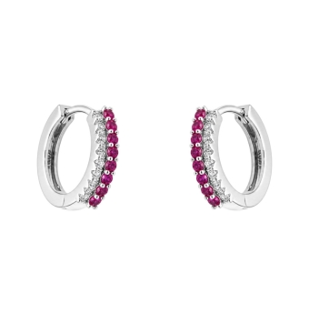 PENDIENTES ARO MUJER PLATA DE LEY 925 RODIO 3X14 MILÍMETROS DOBLE FILA CIRCONITAS BLANCAS Y CIRCONITAS FUCSIAS CIERRE HUGGY