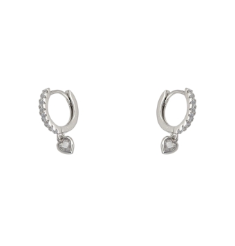 PENDIENTES ARO PLATA DE LEY 925 CIRCONITAS BLANCAS 1.5X12 MILÍMETROS COLGANTE CORAZÓN CIRCONITA BLANCA CIERRE HUGGY