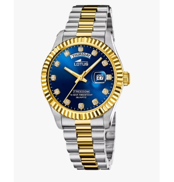RELOJ LOTUS ANALOGICO HOMBRE CAJA ACERO IP DORADO 41.5 MILÍMETROS BISEL DENTADO ESFERA AZUL CON DIARIO Y CIRCONITAS BLANCAS CADE
