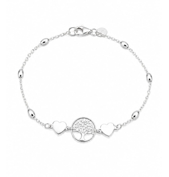 PULSERA MUJER PLATA DE LEY 925 ARBOL DE LA VIDA LISO 10 MILÍMETROS DOBLE CORAZÓN Y BOLAS LARGO PULSERA 17.5 CENTÍMETROS