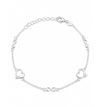 PULSERA MUJER PLATA DE LEY 925 DOBLE CORAZÓN CON CIRCONITAS BLANCAS 8 MILÍMETROS Y TRES INFINITOS 8X3 MILÍMETROS LARGO 17-20 CEN
