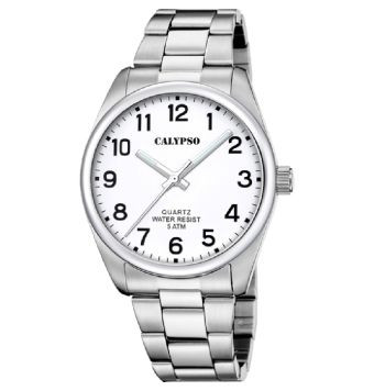 RELOJ CALYPSO ANALÓGICO HOMBRE CAJA DE ACERO DE 41 MILÍMETROS ESFERA BLANA CADENA DE ACERO AJUSTABLE