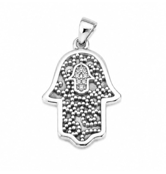 COLGANTE PLATA DE LEY 925 MANO DE FATIMA CON CIRCONITAS BLANCAS 26X14 MILÍMETROS