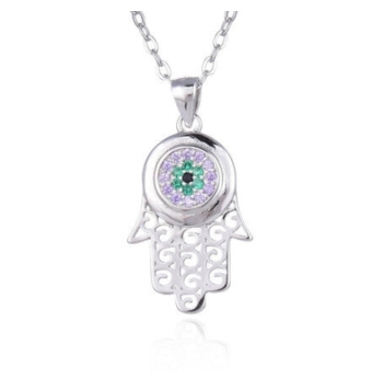 COLGANTE PLATA DE LEY 925 MANO DE FATIMA CIRCONITAS AZULES Y BLANCAS 25X14 MILÍMETROS