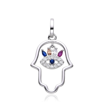 COLGANTE PLATA DE LEY 925 MANO DE FÁTIMA CON OJO TURCO CON CIRCONITAS BLANCAS Y MULTICOLOR 16X22 MILÍMETROS