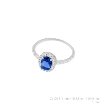 ANILLO MUJER PLATA DE LEY 925 CUAJO OVALADO 7.5X9.5 MILÍMETROS CON PIEDRA AZUL ZAFIRO Y CIRCONTIAS BLANCAS