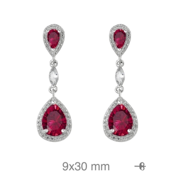 PENDIENTES LARGOS MUJER PLATA DE LEY 925 DOS PIEDRAS FORMA DE LÁGRIMA ROJO RUBÍ CERCO CIRCONITAS BLANCAS 9X30 MILÍMETROS CIERRE