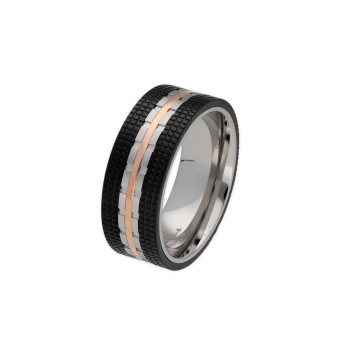 ANILLO LISKA HOMBRE ACERO BANDA CENTRAL IP ROSA ACERO Y CUADRÍCULA IP NEGRO ANCHO 8 MILÍMETROS
