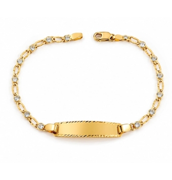 PULSERA ESCLAVA COMUNIÓN NIÑA ORO AMARILLO 18 KILATES BARBADA ALTERNA 1X1 ESLABÓN MARTILLADO CON CIRCONITAS BLANCAS ANCHO 1.8 MI