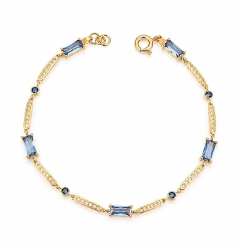 PULSERA MUJER ORO AMARILLO 18 KILATES ESLABONES ALARGADOS FILA CIRCONITAS BLANCAS CHATONES CIRCONITAS AZULES Y PIEDRAS RECTANGUL