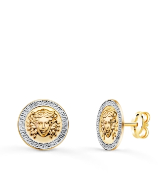PENDIENTES UNISEX ORO BICOLOR 18 KILATES REDONDOS CON MEDUSA CERCO BLANCO CON GRECA 12 MILÍMETROS CIERRE PRESIÓN