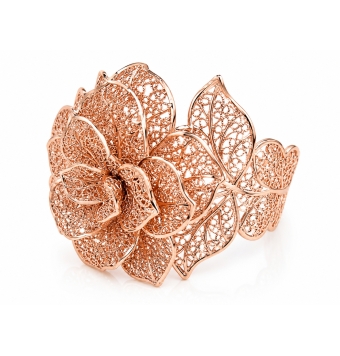 PULSERA BRAZALETE ACERO CHAPADO ROSSÉ FLOR DE FILIGRANA. TAMAÑO DE LA FLOR 55 MILÍMETROS. DIÁMETRO 65 MILÍMETROS AJUSTABLE