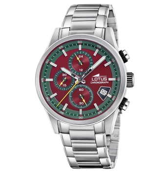 RELOJ LOTUS ANALÓGICO CRONÓGRAFO HOMBRE CON CAJA DE ACERO DE 41 MILÍMETROS. ESFERA ROJA CON DETALLES VERDES. CADENA DE ACERO AJU