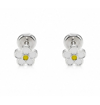 PENDIENTES NIÑA PLATA DE LEY 925 FLOR ESMALTE BLANCO Y AMARILLO 6 MILÍMETROS CIERRE ROSCA