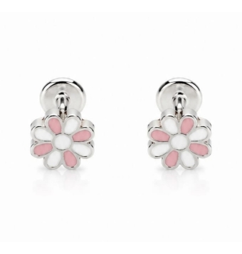 PENDIENTES NIÑA PLATA DE LEY 925 FLOR ESMALTE ROSA Y BLANCO 7 MILÍMETROS CIERRE ROSCA