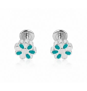 PENDIENTES NIÑA PLATA DE LEY 925 FLOR ESMALTE VERDE Y BLANCO 7 MILÍMETROS CIERRE ROSCA