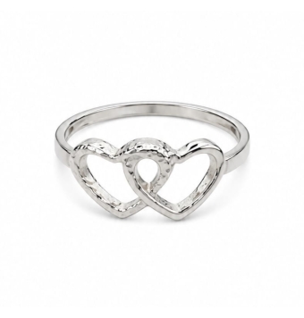 ANILLO MUJER PLATA DE LEY 925 DOBLE CORAZÓN UNO LISO Y OTRO TALLADO ANCHO 8 MILÍMETROS