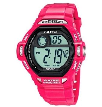 RELOJ CALYPSO MUJER Caja de plástico rosa de 4565mm. Correa de silicona rosa. Cierre hebilla. Esfera negra. Multifunción alarm