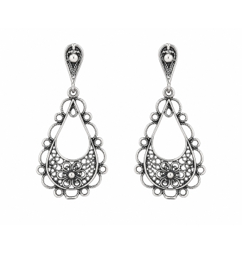 PENDIENTES LARGOS MUJER PLATA DE LEY 925 COLOR PLATA VIEJA FORMA GOTA CON FLORES 34X20 MILÍMETROS CIERRE PRESIÓN