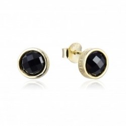 PENDIENTES PLATA DE LEY 925 UNISEX CHAPADO DORADO REDONDOS CON GRECA LATERAL Y PIEDRA NEGRA 8 MILIMETROS CIERRE PRESION