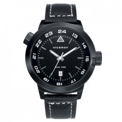 Reloj Viceroy Hombre correa piel negra pespuntes blancos caja acero pavonado negro esfera negra calendario