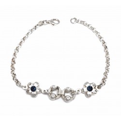 PULSERA PLATA ROLÓ DOS FLORES CIRCONITAS AZULES LARGO 19 CM
