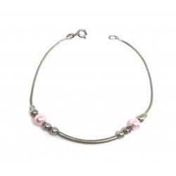 PULSERA PLATA COLA DE RATÓN BOLAS Y DOS PERLAS ROSA CLARO LARGO 19 CM