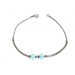 PULSERA PLATA COLA DE RATÓN BOLAS Y DOS PERLAS AZUL LARGO 19 CM