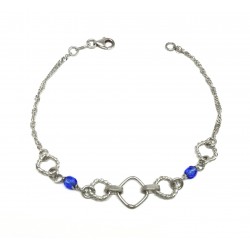 PULSERA PLATA CADENA SINGAPUR ANILLAS ESLABONES REDONDOS RIZADOS Y DOS PIEDRAS AZULES SEMITRANSPARENTES LARGO 19.5 CM